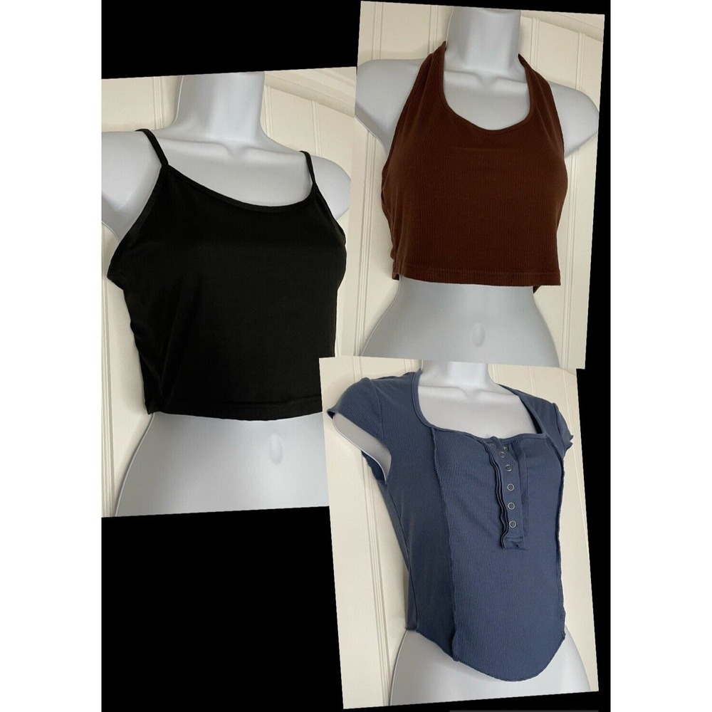 Lot 3 Crop Tops Sz Small/Medium Juniors Spaghetti Halter Tops Brow,‎ Blue, Black